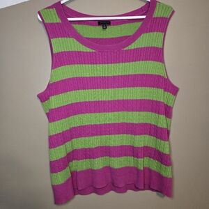 Talbots Women's Cable Knit Tank Pink Green Striped 100% Cotton Stretch Size XL